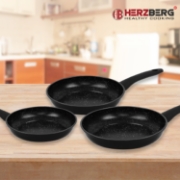 Image de Herzberg HG-04746BLK: Ensemble de Poêles a Frire Forgées a Revêtement en Marbre 3 Pièces - Noir