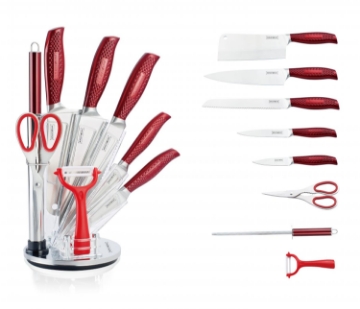 Show details for Royalty Line RL-KSS530: 9 Piece Knife Set Block with Rotating Holder - Red Picture of Royalty Line RL-KSS530: 9 Piece Knife Set Block with Rotating Holder - Red