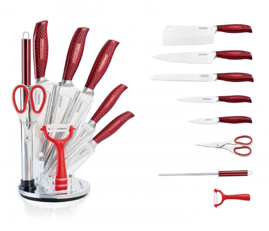 Image de Royalty Line RL-KSS530: Bloc de Couteaux 9 Pièces Avec Support Rotatif - Rouge