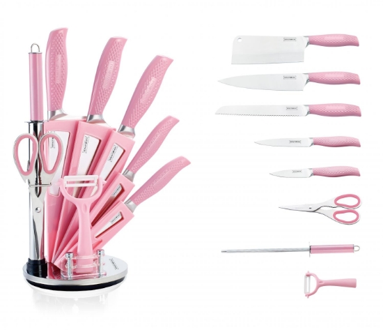 Image de Royalty Line RL-KSS540: Bloc de Couteaux 9 Pièces Avec Support Rotatif - Rose