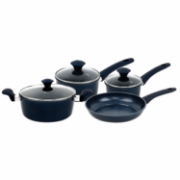 Image de Herzberg HG-04685BLU: Batterie De Cuisine En Fonte Avec Revêtement En Marbre 7 Pièces - Bleu