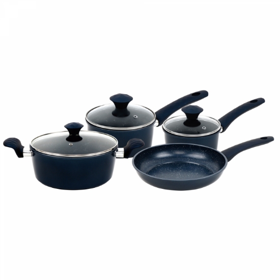 Image de Herzberg HG-04685BLU: Batterie De Cuisine En Fonte Avec Revêtement En Marbre 7 Pièces - Bleu