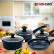 Image de Herzberg HG-04685BLU: Batterie De Cuisine En Fonte Avec Revêtement En Marbre 7 Pièces - Bleu