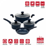 Image de Herzberg HG-04685BLU: Batterie De Cuisine En Fonte Avec Revêtement En Marbre 7 Pièces - Bleu