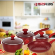 Image de Herzberg HG-04715RED: Batterie De Cuisine En Fonte Avec Revêtement En Marbre 7 Pièces - Rouge