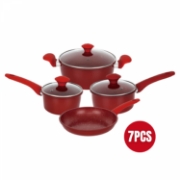 Image de Herzberg HG-04715RED: Batterie De Cuisine En Fonte Avec Revêtement En Marbre 7 Pièces - Rouge
