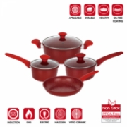 Image de Herzberg HG-04715RED: Batterie De Cuisine En Fonte Avec Revêtement En Marbre 7 Pièces - Rouge