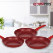 Image de Herzberg HG-04807RED: Ensemble de Poêles a Frire Forgées a Revêtement en Marbre 3 Pièces - Rouge