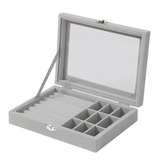 Image de Herzberg HG-05361: Organisateur de Bijoux en Velours Avec Couvercle en Verre - 9 Grilles + 7 Emplacements Pour Bagues