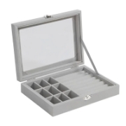 Image de Herzberg HG-05361: Organisateur de Bijoux en Velours Avec Couvercle en Verre - 9 Grilles + 7 Emplacements Pour Bagues