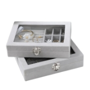 Image de Herzberg HG-05361: Organisateur de Bijoux en Velours Avec Couvercle en Verre - 9 Grilles + 7 Emplacements Pour Bagues