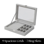 Image de Herzberg HG-05361: Organisateur de Bijoux en Velours Avec Couvercle en Verre - 9 Grilles + 7 Emplacements Pour Bagues
