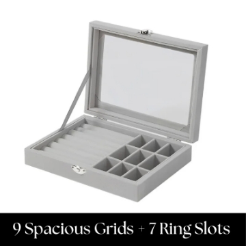 Show details for Herzberg HG-05361: Velvet Jewelry Organizer with Glass Lid, 9 Grids + 7 Ring Slots Picture of Herzberg HG-05361: Velvet Jewelry Organizer with Glass Lid, 9 Grids + 7 Ring Slots