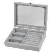 Image de Herzberg HG-05330 : Organisateur de bijoux en velours avec couvercle en verre, 3 grilles + 7 emplacements pour bagues