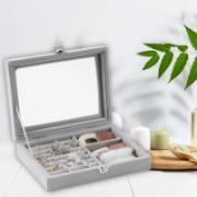 Image de Herzberg HG-05330 : Organisateur de bijoux en velours avec couvercle en verre, 3 grilles + 7 emplacements pour bagues