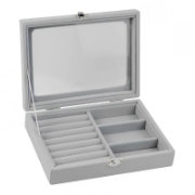 Image de Herzberg HG-05330 : Organisateur de bijoux en velours avec couvercle en verre, 3 grilles + 7 emplacements pour bagues