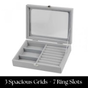 Image de Herzberg HG-05330 : Organisateur de bijoux en velours avec couvercle en verre, 3 grilles + 7 emplacements pour bagues