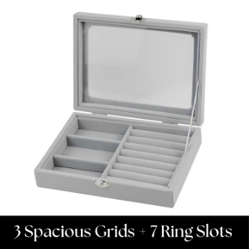 Show details for Herzberg HG-05330: Velvet Jewelry Organizer with Glass Lid, 3 Grids + 7 Ring Slots Picture of Herzberg HG-05330: Velvet Jewelry Organizer with Glass Lid, 3 Grids + 7 Ring Slots