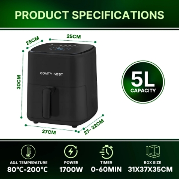 Show details for Comfy Nest CN-06191: 1400W Digital Air Fryer - 5L Picture of Comfy Nest CN-06191: 1400W Digital Air Fryer - 5L