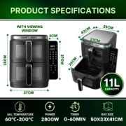 Image de Comfy Nest CN-06184: Friteuse à Air à Double Panier de 2800W Avec Fenêtre et Panneau Latéral - 11L