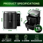 Picture of Comfy Nest CN-06177: 2800W Double Basket Air Fryer with Digital Folding Side Panel - 11L