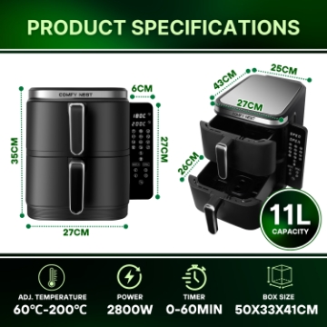 Show details for Comfy Nest CN-06177: 2800W Double Basket Air Fryer with Digital Folding Side Panel - 11L Picture of Comfy Nest CN-06177: 2800W Double Basket Air Fryer with Digital Folding Side Panel - 11L
