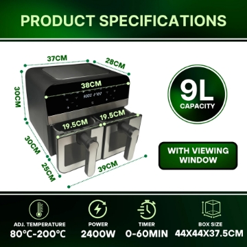 Show details for Comfy Nest CN-AFD45WS: XXL 2400W Double S/S Basket Digital Airfryer with Window - 9L Picture of Comfy Nest CN-AFD45WS: XXL 2400W Double S/S Basket Digital Airfryer with Window - 9L