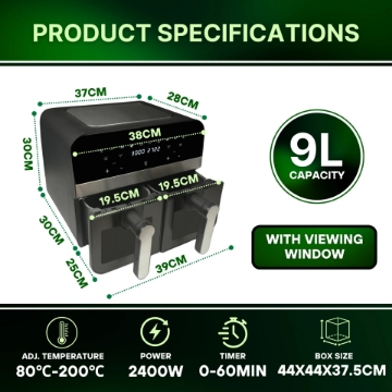 Show details for Comfy Nest CN-AFD45WB: XXL 2400W Black Double Basket Digital AirFryer w/ Window - 9L Picture of Comfy Nest CN-AFD45WB: XXL 2400W Black Double Basket Digital AirFryer w/ Window - 9L