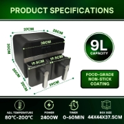 Image de Comfy Nest CN-AFD45NB: Friteuse à Air Numérique à Double Panier Noire de 2400W - 9 L