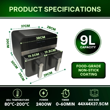 Show details for Comfy Nest CN-AFD45NB: XXL - 2400W Black Double Basket Digital Air Fryer - 9L Picture of Comfy Nest CN-AFD45NB: XXL - 2400W Black Double Basket Digital Air Fryer - 9L