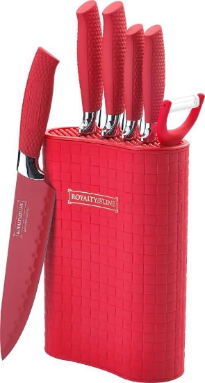 Image de Royalty Line RL-6MSTR: Ensemble de couteaux antiadhésifs 7 pièces avec bloc - Rouge