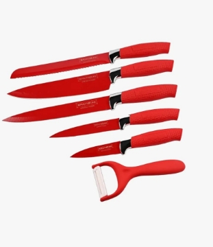 Show details for Royalty Line RL-6MSTR: 7-Piece Non-Stick Knife Set with Block - Red Picture of Royalty Line RL-6MSTR: 7-Piece Non-Stick Knife Set with Block - Red