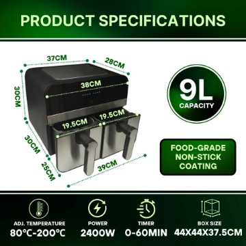 Show details for Comfy Nest CN-AFD45NS: XXL - 2400W Double Basket Digital S/S Airfryer - 9L Picture of Comfy Nest CN-AFD45NS: XXL - 2400W Double Basket Digital S/S Airfryer - 9L