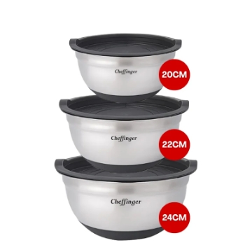 Show details for Cheffinger CF-MXB3S: 6-Piece Stainless Steel Mixing Bowl Set with Lids Picture of Cheffinger CF-MXB3S: 6-Piece Stainless Steel Mixing Bowl Set with Lids