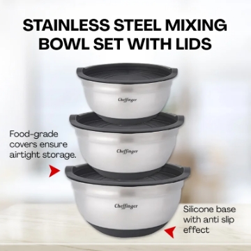 Show details for Cheffinger CF-MXB3S: 6-Piece Stainless Steel Mixing Bowl Set with Lids Picture of Cheffinger CF-MXB3S: 6-Piece Stainless Steel Mixing Bowl Set with Lids