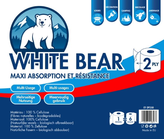 Image de WhiteBear ET-2P250: Lot de 6 rouleaux d'essuie-tout multi-usages en cellulose biodégradable, non parfumés, 2 épaisseurs