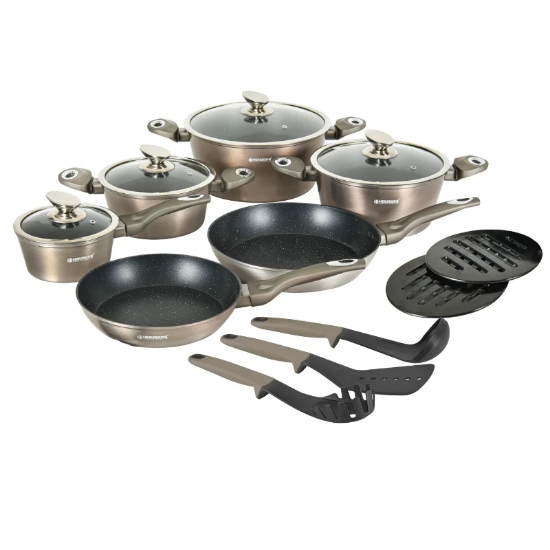 Picture of Herzberg HG-METCR15: 15 Pieces Marble Coated Cookware Set - Carbon