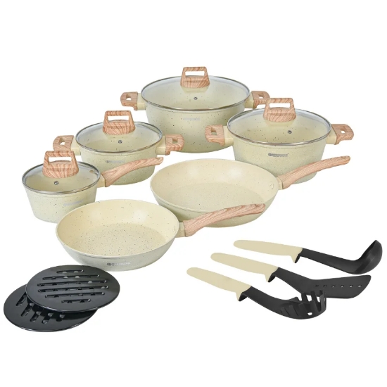 Image de Herzberg HG-WDBEJ15: Ensemble de 15 pièces avec revêtement en granit et manche en bois - Beige