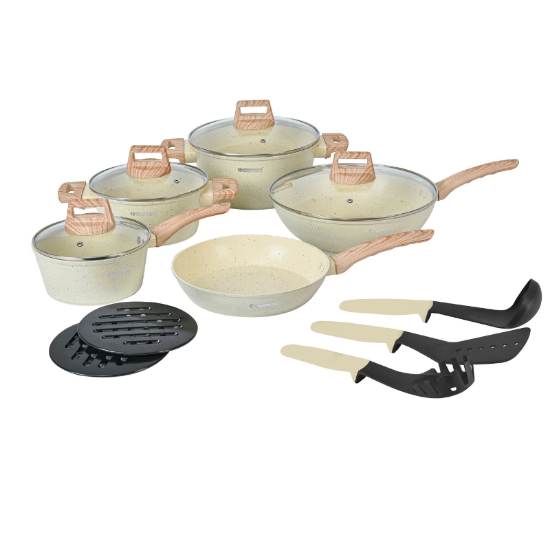 Image de Herzberg HG-WDBEJ14: Ensemble de 14 pièces avec revêtement en granit et manche en bois - Beige