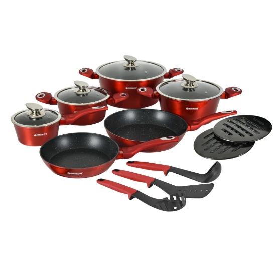 Picture of Herzberg HG-METRD15: 15 Pieces Marble Coated Cookware Set - Red