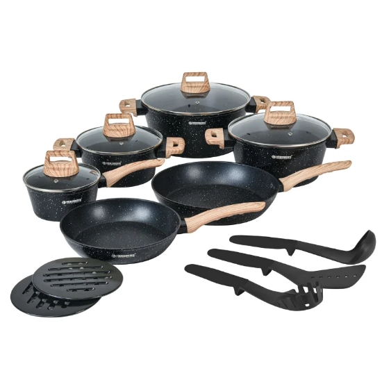 Picture of Herzberg HG-WDMRB15: 15 Pieces Granite Coated with Wood Accent Handle - Black