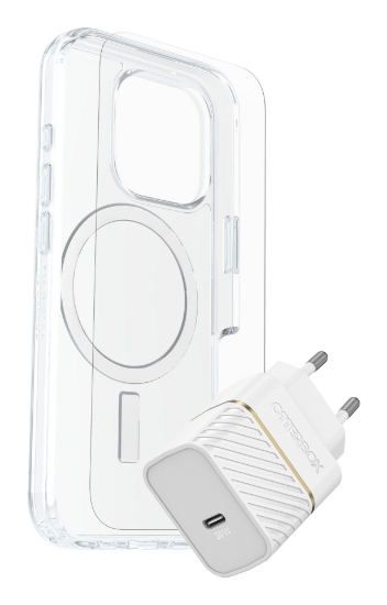 Picture of OtterBox Symmetry Series Clear for MagSafe + Premium Glass + Fast Charge Wall Charger USB-C 30W Type C for Apple iPhone 16 Pro