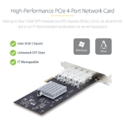 Picture of StarTech.com 4-Port GbE SFP Network Card, PCIe 2.0 x2 (x4, x8, x16 Compatible), Intel I350-AM4 4x 1GbE Controller, 1000BASE Copper/Fiber Optic, Desktop/Server Quad-Port Gigabit Ethernet NIC - Windows & Linux