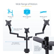 Picture of StarTech.com Triple Monitor Desk Mount For Up To Three 27in Screens, VESA 75x75/100x100, Tool-Less Arm Adjustments, C-Clamp/Grommet Mount, Spring-Assisted Arms
