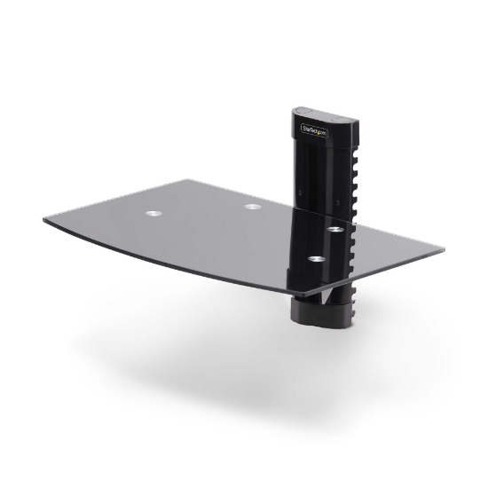 Afbeeldingen van StarTech.com Hangende Wandplank voor Audio/Video Apparatuur, In Hoogte Verstelbaar Schap voor Onder TV, Hangend Wandmeubel, Organiseer uw A/V apparatuur op dit zwart gehard glazen schap