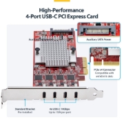 Image de StarTech.com Carte PCIe USB-C 4 Ports, USB 3.2 10 Gbit/s, Carte d'Extension PCI Express USB-C, 4 Contrôleurs USB Indépendants, Carte PCIe USB Type-C, Windows/Linux/macOS, Conforme TAA