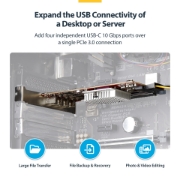 Image de StarTech.com Carte PCIe USB-C 4 Ports, USB 3.2 10 Gbit/s, Carte d'Extension PCI Express USB-C, 4 Contrôleurs USB Indépendants, Carte PCIe USB Type-C, Windows/Linux/macOS, Conforme TAA