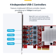 Image de StarTech.com Carte PCIe USB-C 4 Ports, USB 3.2 10 Gbit/s, Carte d'Extension PCI Express USB-C, 4 Contrôleurs USB Indépendants, Carte PCIe USB Type-C, Windows/Linux/macOS, Conforme TAA