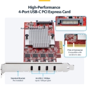 Image de StarTech.com Carte PCIe USB-C 4 Ports, USB 3.2 10 Gbit/s, Carte d'Extension PCI Express USB-C, 4 Contrôleurs USB Indépendants, Carte PCIe USB Type-C, Windows/Linux/macOS, Conforme TAA