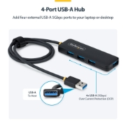 Picture of StarTech.com 4-Port USB-A Hub, 5Gbps, Bus Powered, USB-A to 4x USB-A Mini Hub, Extra Long 2ft/61cm Host Cable, PCR Plastic, Portable Desktop / Laptop USB Hub